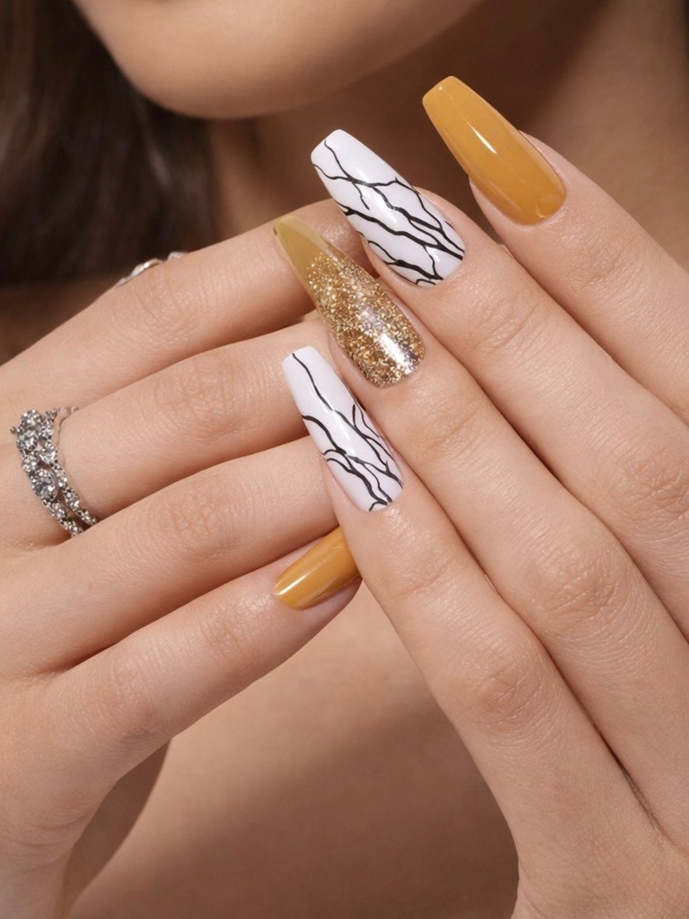 Mustard Gold Marble  Women Press on nails. Buy One Get One Free